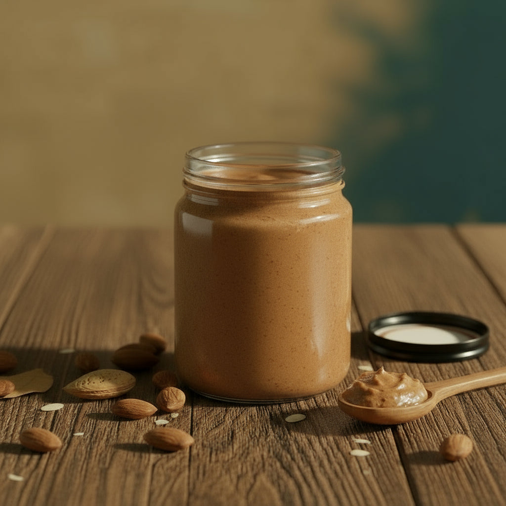 Glas Mandelmus von diiszwii – 185 g im Originalglas mit schwarzem Deckel, cremig hellbraunes Mandelmus aus gerösteten Mandeln mit Haut, auf Holztisch mit Mandeln und Holzlöffel, warm beleuchtet, natürlicher Stil.