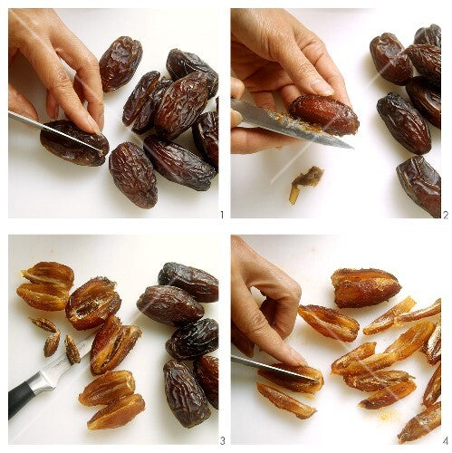 Nahaufnahme beim Entsteinen von Datteln – sorgfältige Vorbereitung für Pralinen und Riegel von diiszwii.