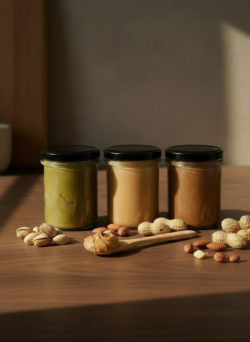 Handgemachtes Nussmus im Glas – Pistazien-, Mandel- und Erdnussmus von diiszwii, natürlich cremig, ohne Zuckerzusatz, hergestellt in Schlieren, Schweiz.