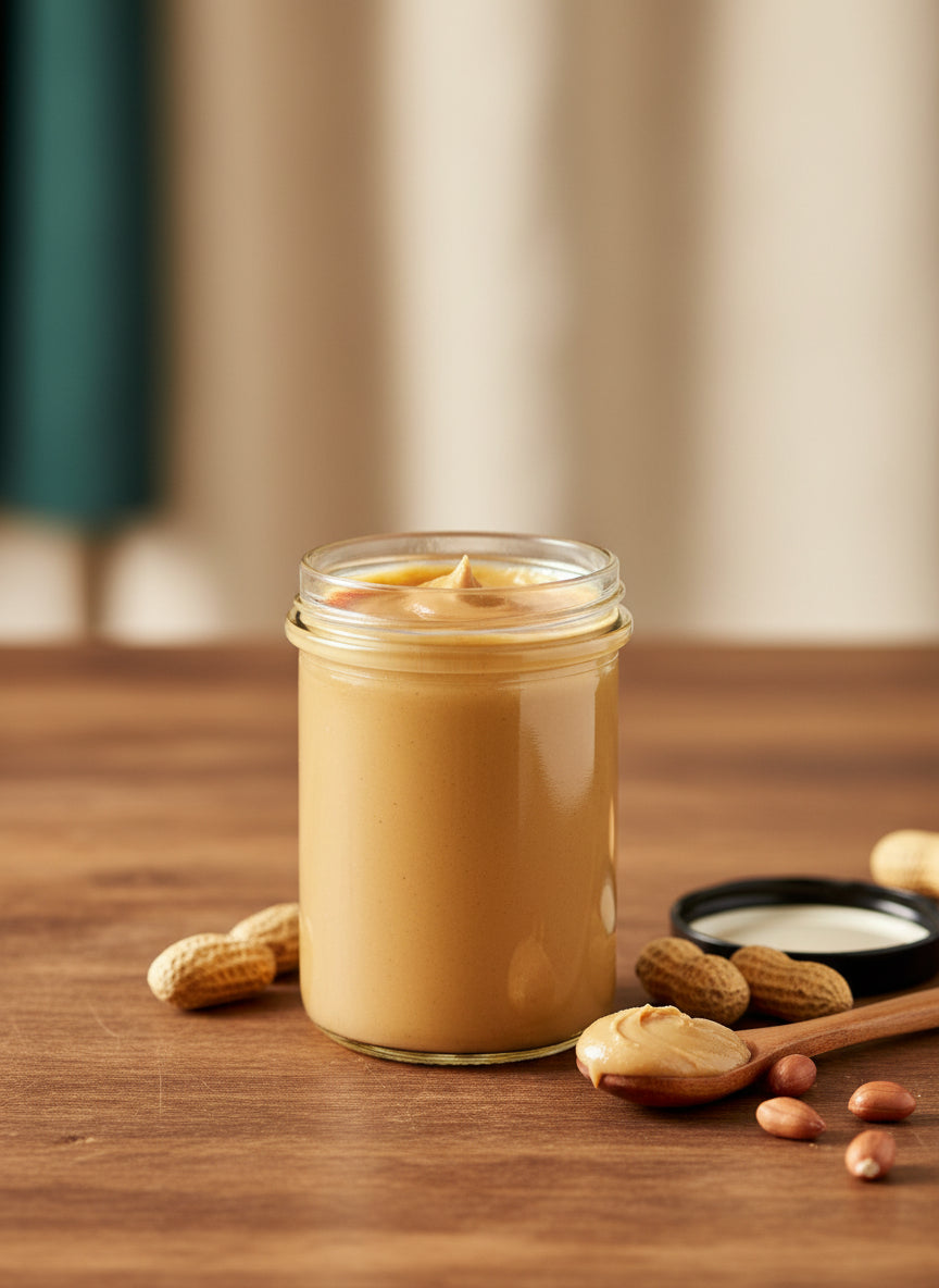 Glas Erdnussmus von diiszwii – 185 g im Originalglas mit schwarzem Deckel, cremig hellbeiges Mus aus gerösteten Erdnüssen, auf Holztisch mit Erdnüssen und Holzlöffel, warm beleuchtet, natürlicher Stil.