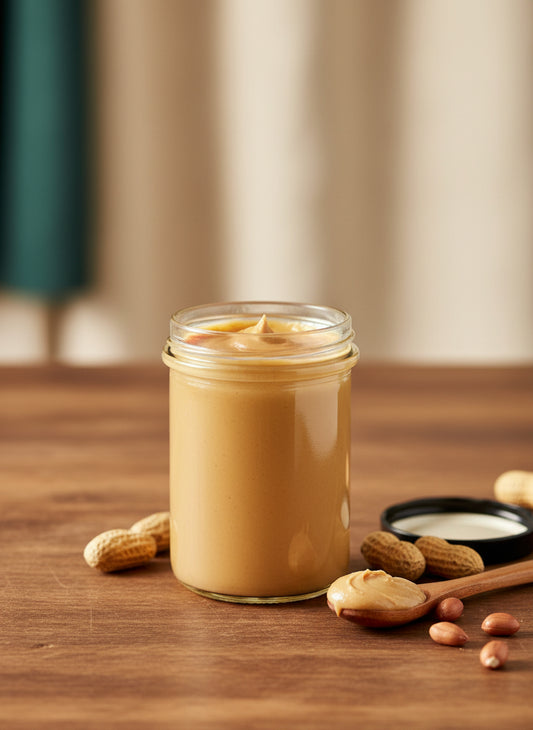 Glas Erdnussmus von diiszwii – 185 g im Originalglas mit schwarzem Deckel, cremig hellbeiges Mus aus gerösteten Erdnüssen, auf Holztisch mit Erdnüssen und Holzlöffel, warm beleuchtet, natürlicher Stil.