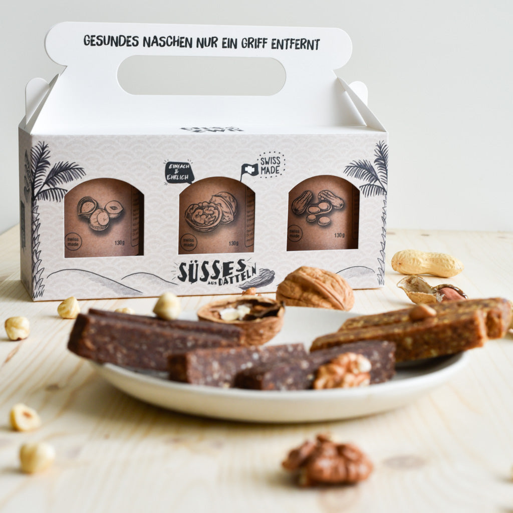 Nuss-Trio – drei Gläser Frucht-Nuss-Riegel Haselnuss, Baumnuss und Erdnuss im Set, handgemacht in Schlieren